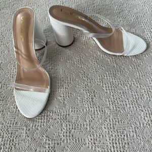 Lulu's White Textured Block Heel Sandals with Clear Straps